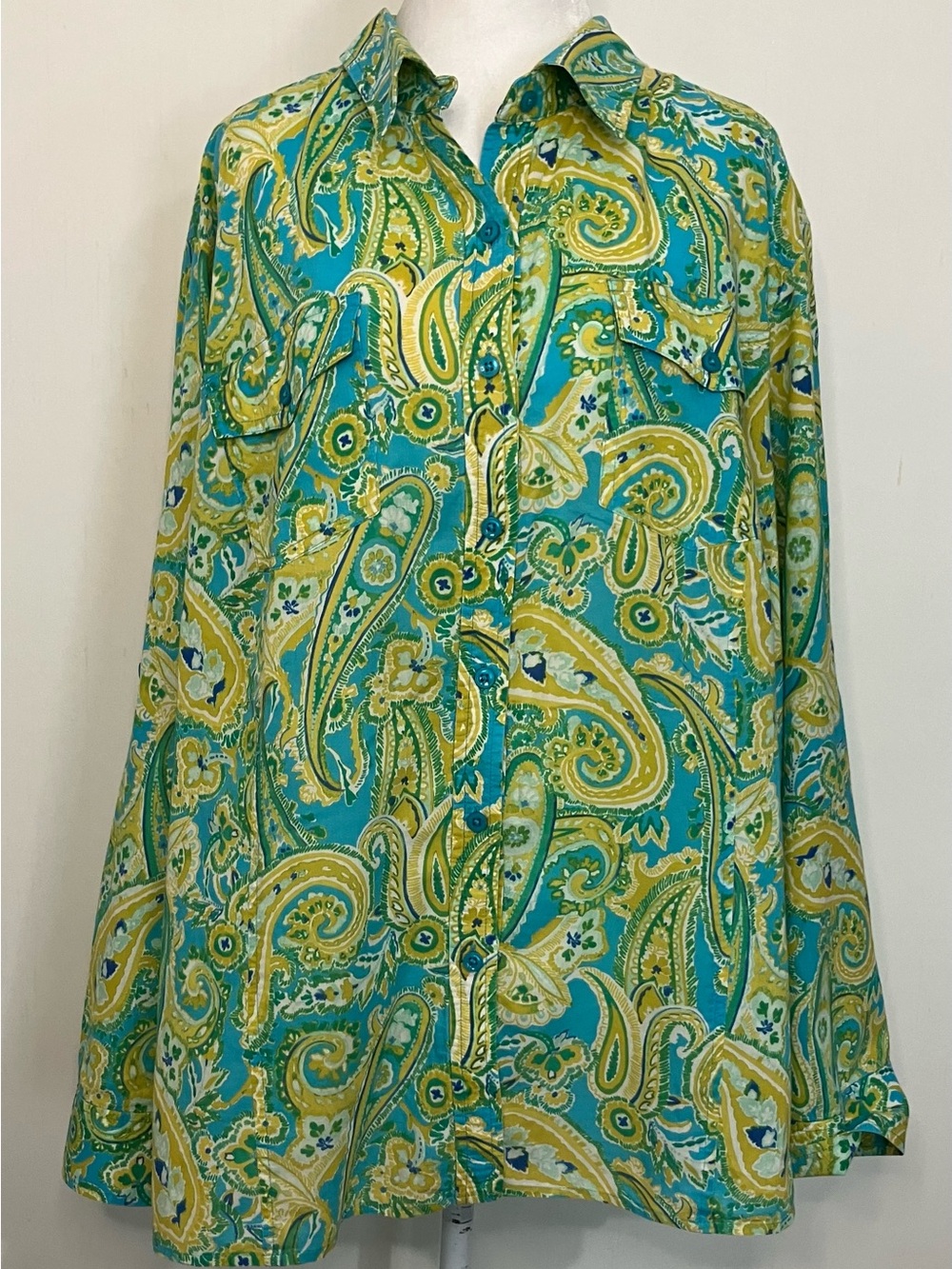 Jones New York Top 3X Blue Green Button Down Paisley Preppy Office Cotton